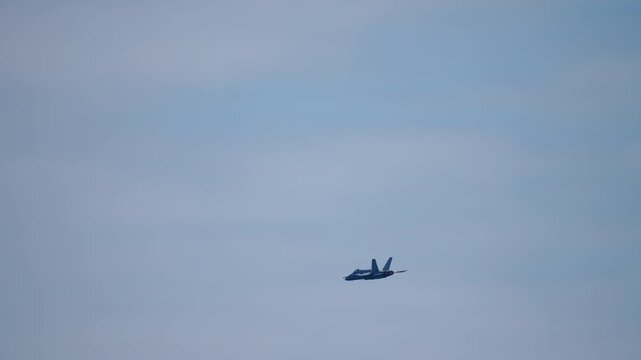 Small silhouette of a twin-engine twin-tail fighter jet in level flight against a pale overcast sky, faint vapor trace visible behind
