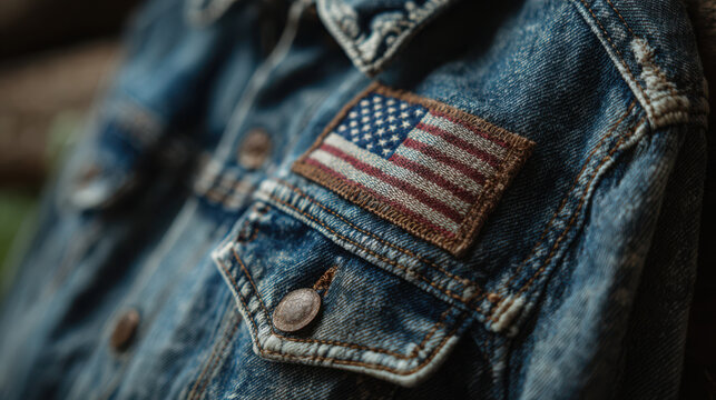 American flag patch on a denim jacket pocket isolated on white background
