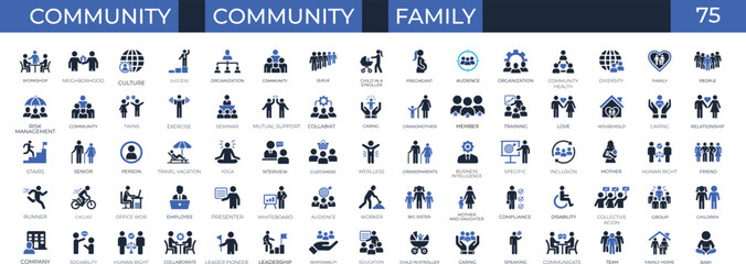 All Community people and family solid icon set. Vector collection for population, social groups, teamwork, diverse demographics, and human interaction.