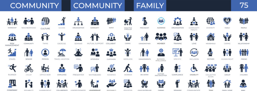 All Community people and family solid icon set. Vector collection for population, social groups, teamwork, diverse demographics, and human interaction.