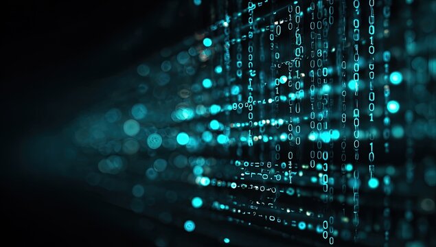 Abstract digital data stream with glowing binary code
