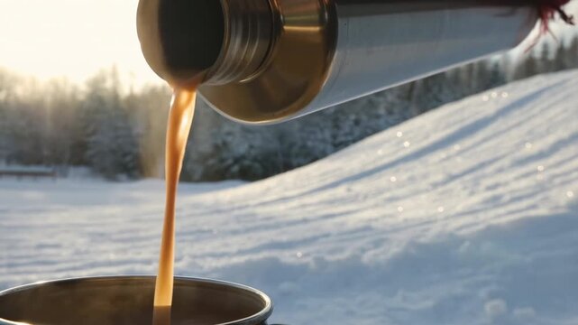 Chilly Morning With Steaming Hot Beverage. Mug Of Hot Coffee Against Snowy Mountain Backdrop