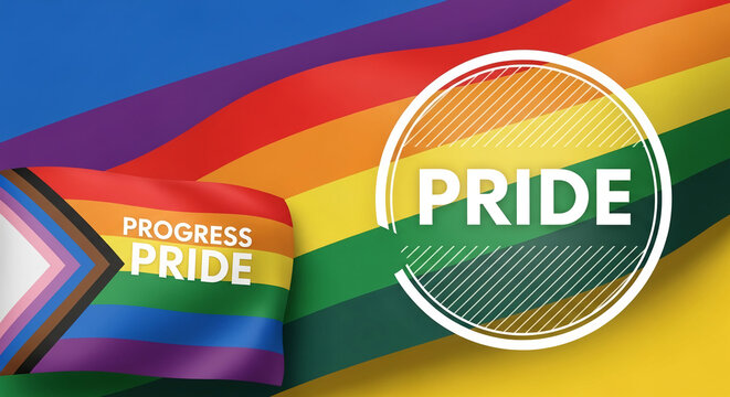 Vibrant rainbow flag with "Progress Pride" text and a circular emblem with "PRIDE", symbolizing diversity, inclusion, and LGBTQ+ rights, ideal for advocacy and awareness campaigns.