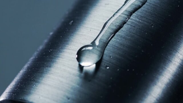 Sliding clear water droplet, gravity pulling down along brushed metal cylinder, leaving thin streak