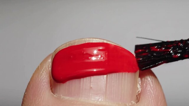 Approaching brush depositing glossy red polish on thumbnail in macro close-up, creating smooth coat