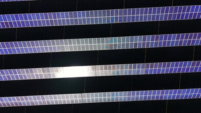 Sun reflection bleaches center panels while surrounding rows show deep blue against dark shadows. Close aerial view of solar panel rows with sun glare reflection, Bulgaria