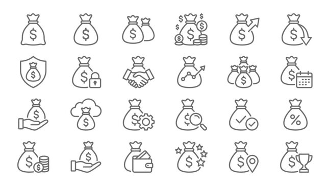 Set of money bag icons financial concepts and symbolism