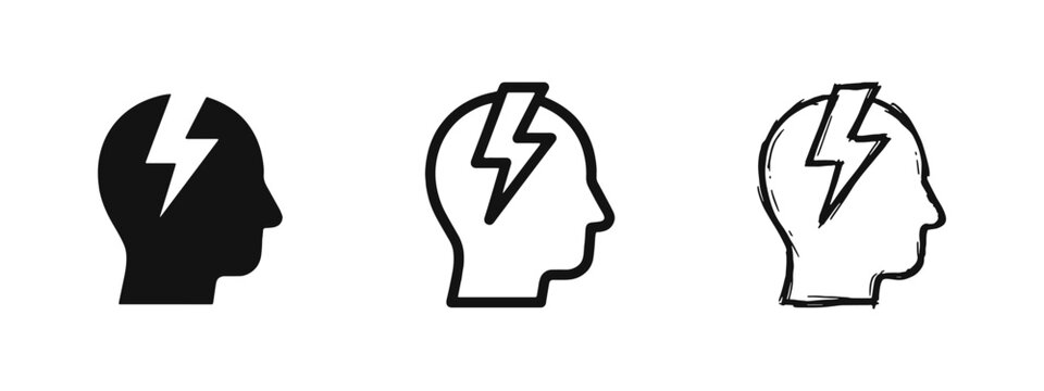 Human Head with Lightning Icon Set - Headache Stress and Brainstorming Symbol