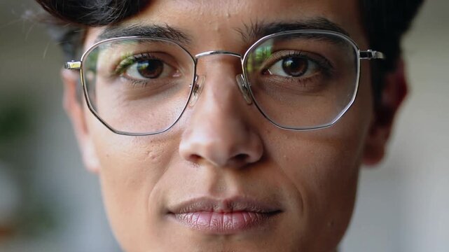 Camera starting, man keeping gaze while shifting smile in room, metal eyeglasses reflecting plants