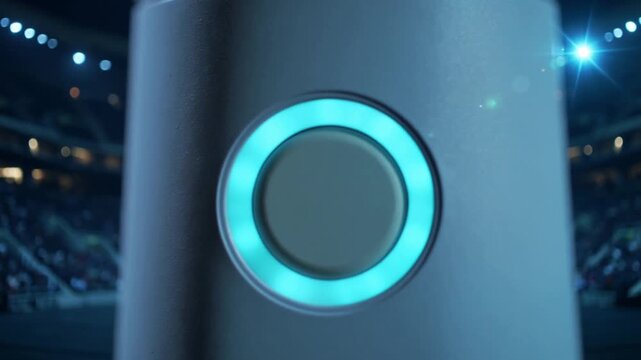 Pulsing metal cylinder showing recessed button and turquoise LED ring in arena, powering
