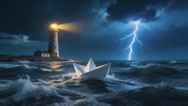 Lighthouse in stormy sea with paper boat