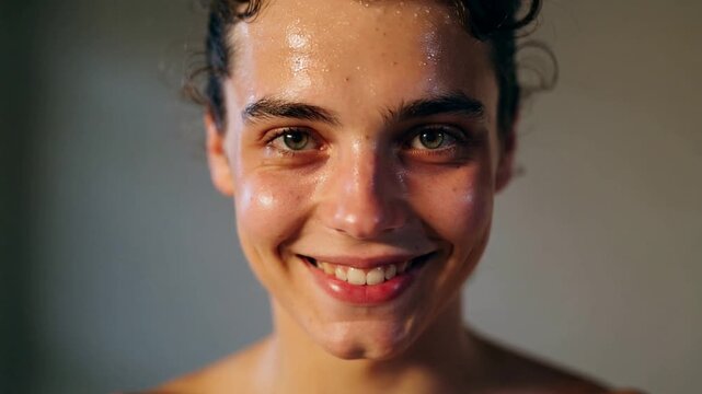 Patting adult woman drying wet face after shower in warm room, holding small towel
