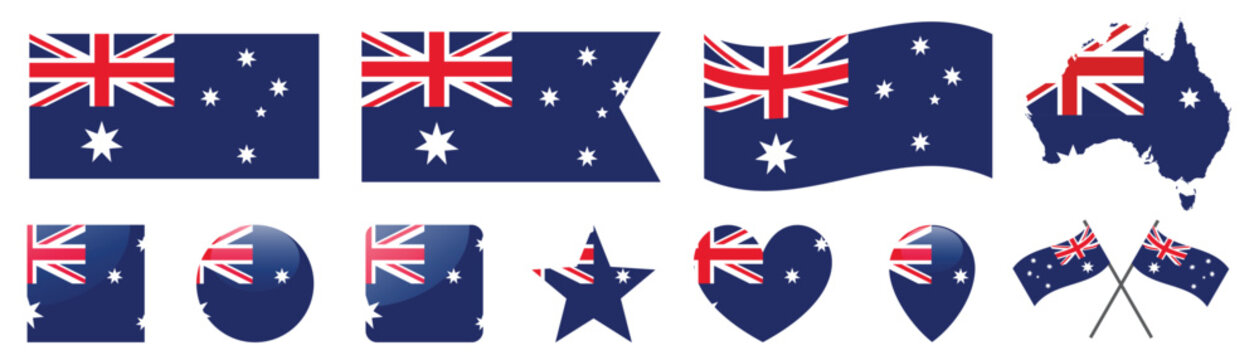 Australia flag icons set with map silhouette and diverse shapes for national branding.