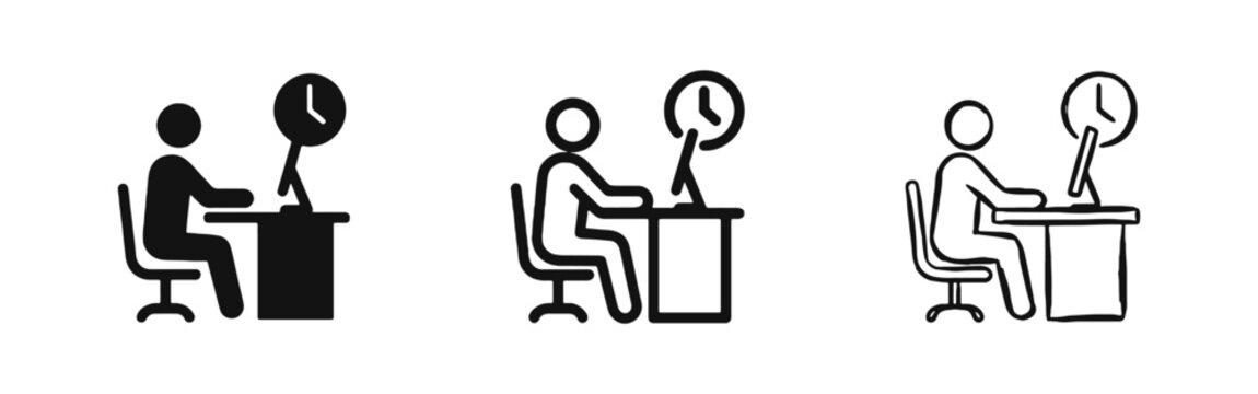 Person Working at Desk with Time Clock Icon Set - Various Styles