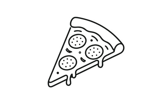 Minimalist line art illustration of a delicious pizza slice with pepperoni toppings featuring a simple flat vector design with clean black outlines for menu branding and food packaging decoration