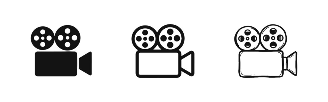 Professional Movie Camera Icon Set - Solid, Outline, and Hand-Drawn Versions