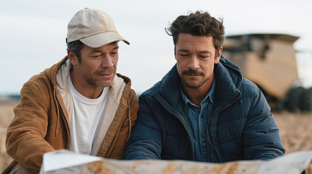 Two men study a paper map outdoors near a blurred rustic cabin, planning travel in a quiet rural landscape.
