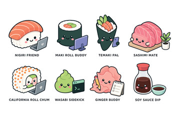 Sushi cartoon characters technology. © Lakon