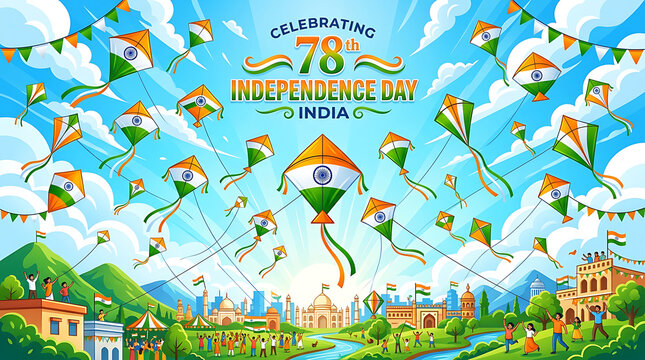 Vibrant indian independence day celebration with kites and flags