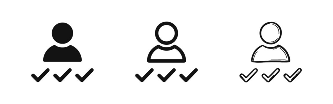 User Verification and Selection Icons Set Featuring Person Profile with Checkmarks in Three Different Graphic Styles
