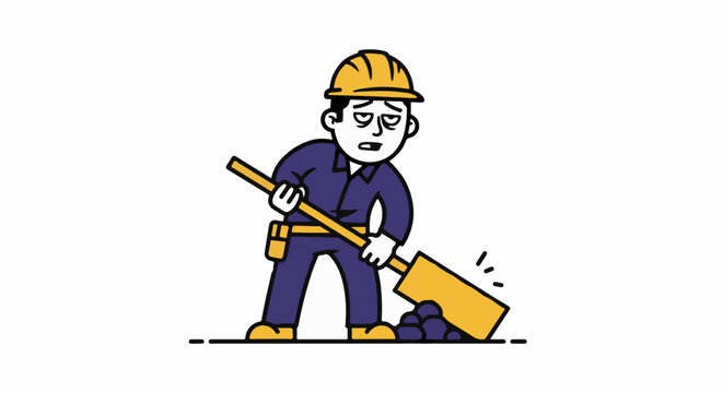 Cartoon construction worker holding hammer and sledge.