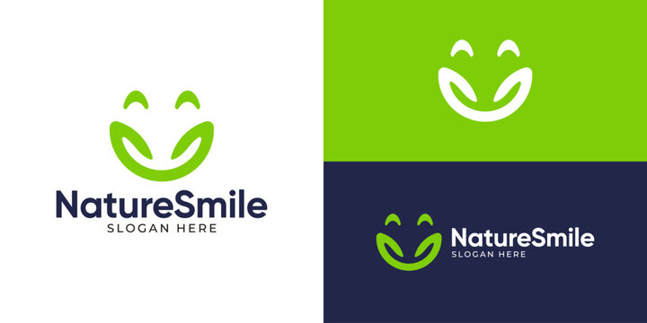 Creative simple nature smile logo template. Abstract smile face with leaf logo design vector illustration.