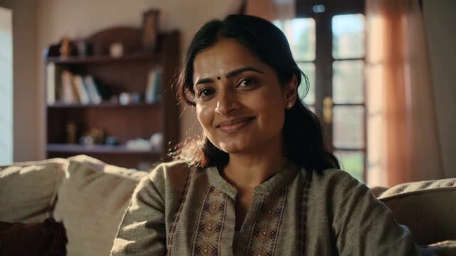 Smiling Indian woman shifting while camera tightening framing on light sofa at home, wearing kurta