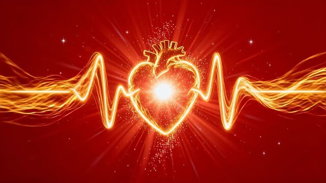 Golden glowing heart anatomy structure with ECG line waves on red background