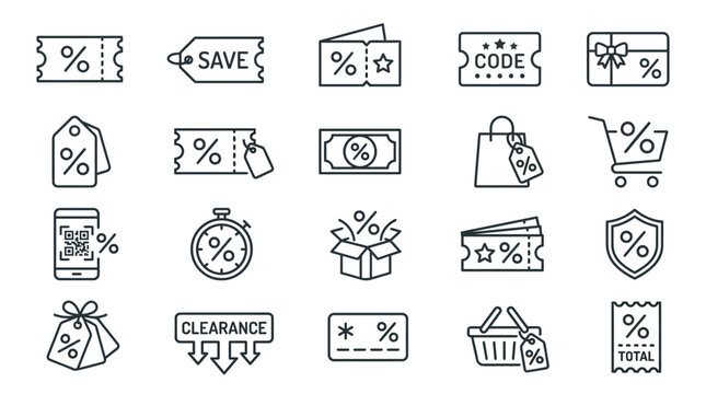 Discount and sale icons coupons gift cards shopping and promotions