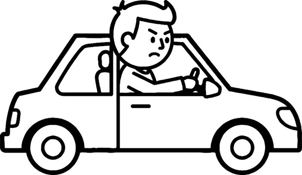 Cartoon man driving car with frustrated facial expression.