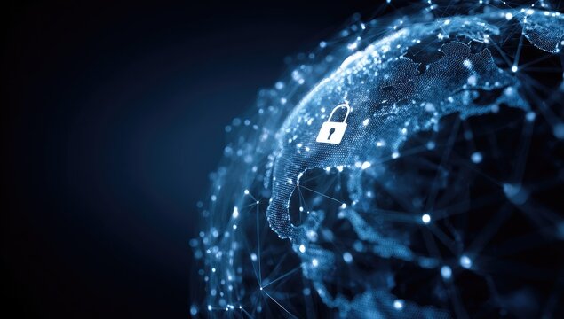 Digital globe with glowing network lines and a lock icon, representing global security