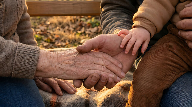 Three generations of hands connect, symbolizing love, care, and the enduring bond of family across different life stages, from a grandparent's wisdom to a baby's hopeful future