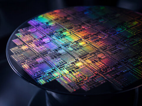 A circular silicon wafer substrate reflecting brilliant rainbow colors from microchip circuits.