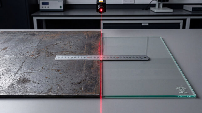 A red laser line dividing a heavily rusted steel plate and a clean tempered safety glass panel.