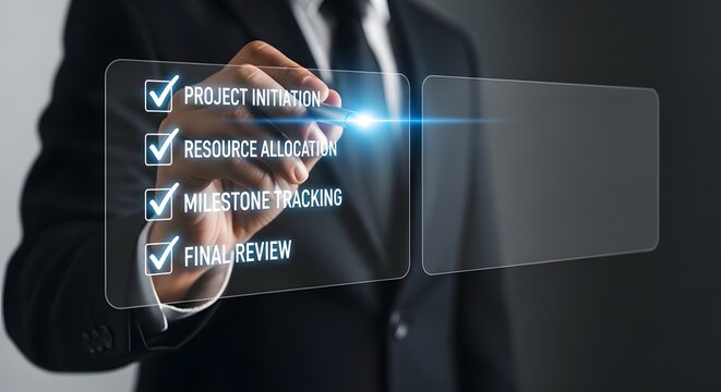 Businessman checking off project tasks on digital transparent screen checklist