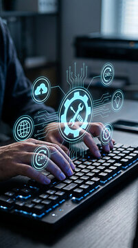 Professional technician typing on a mechanical keyboard while interacting with glowing digital technical support interface icons
