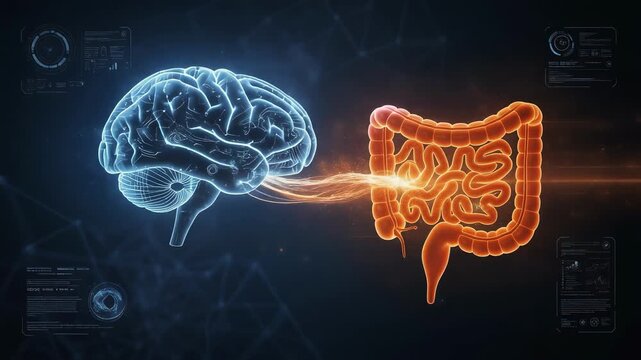 Digital illustration of brain and gut connection showing nerve pathways and human anatomy in glowing colors