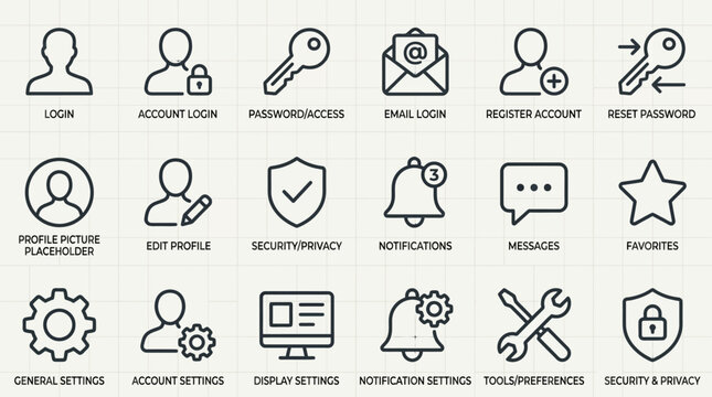 Collection of user interface icons for digital applications and websites.