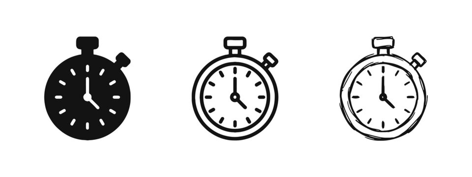 Stopwatch Timer Speed Icon Set - Chronometer in Solid, Line, and Hand-Drawn Sketch Styles