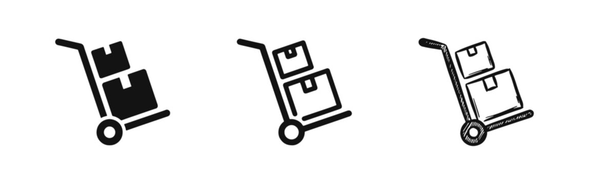 Hand Truck with Boxes Delivery Icons - Solid, Outline, and Sketch Hand Drawn Styles