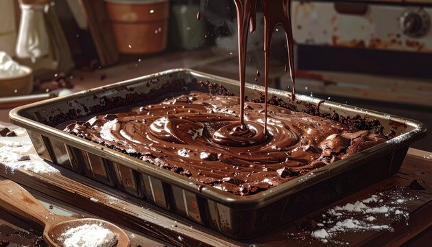 Decadent dark chocolate brownie batter being poured into a baking pan, creating a rich, glossy swirl
