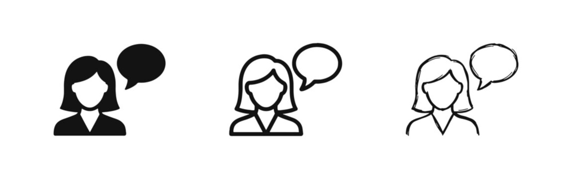 Female speaker icon with speech bubble, customer support or communication concept.