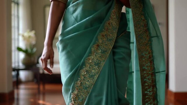 Walking Indian woman moving toward camera at home as camera starting, modeling gold sari pallu