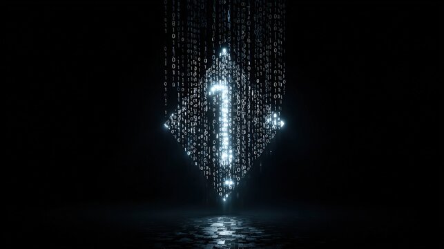 Digital transformation with glowing binary code forming an upward arrow shape against a dark background, symbolizing progress and data flow. ..Created with Generative AI, not depicting real subjects.