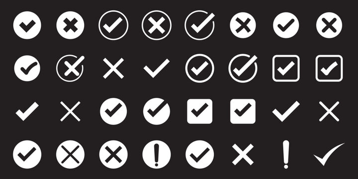 Green check and red cross symbols, blue question mark and yellow exclamation point, round thin line vector signs, solid circle icons set stock illustration Check Mark, Icon Symbol, Crossing, Examining