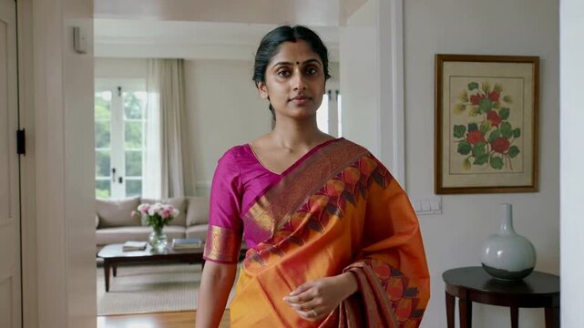 Walking through doorway, woman in orange sari entering living room approaching camera with sofa