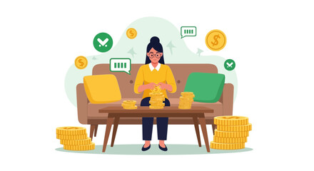 Fototapeta premium Woman counting stacks of coins at table, financial planning, savings, wealth concept