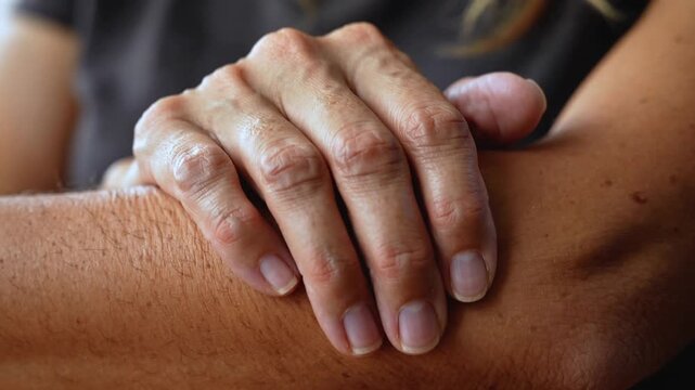 Placing man's right hand flat across left forearm at start, resting, showing dark shirt, skin marks