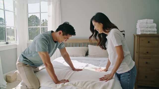 Sunlight waking couple wearing casual clothes, pulling sheet and making bed in sunny bedroom