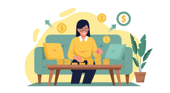 Woman counting stacks of coins on table, symbolizing financial growth and savings